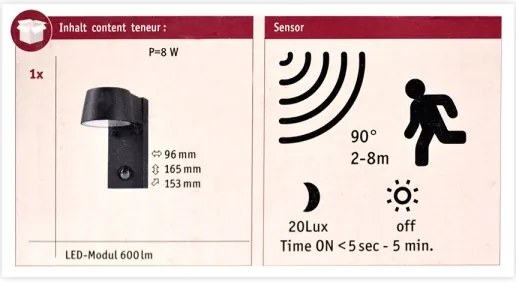 Paulmann 94453 - LED/6W IP44 Vonkajšie nástenné svietidlo so senzorom CAPEA 230V