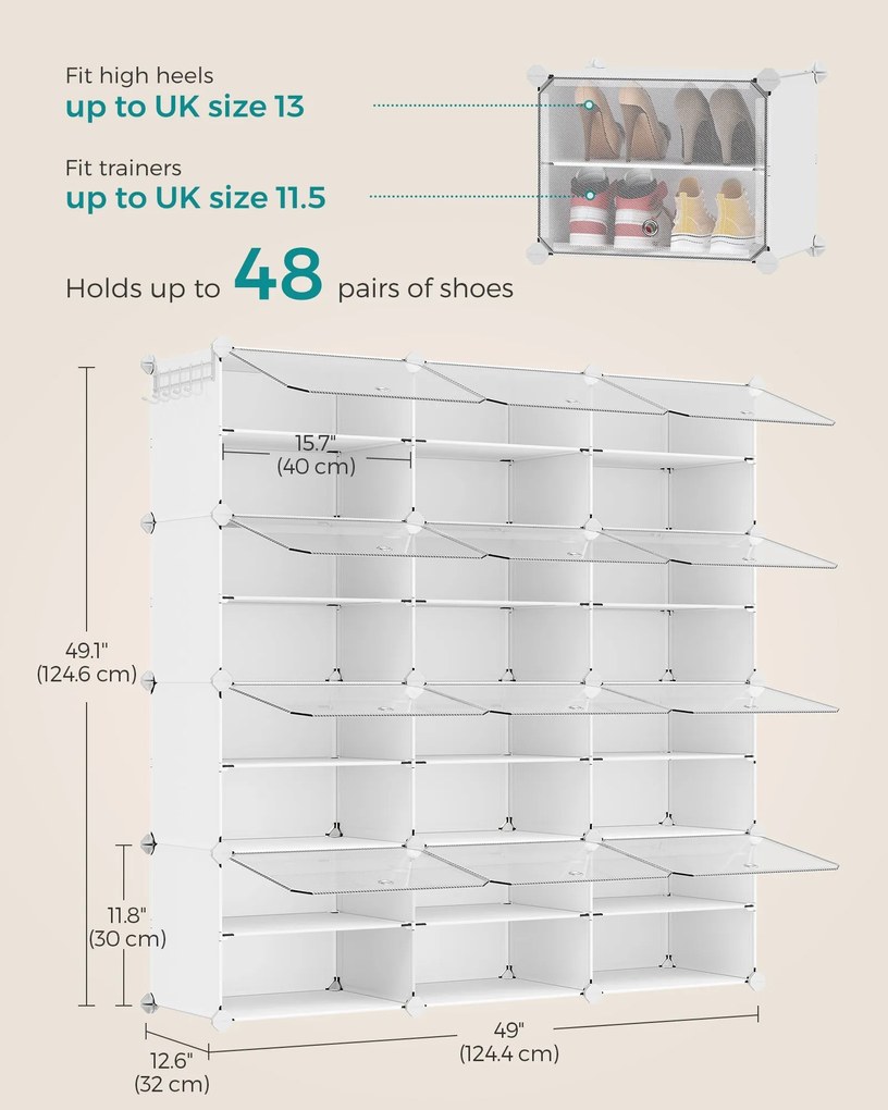 Spojiteľný stojan na topánky pre až 48 párov topánok, biely a priehľadný