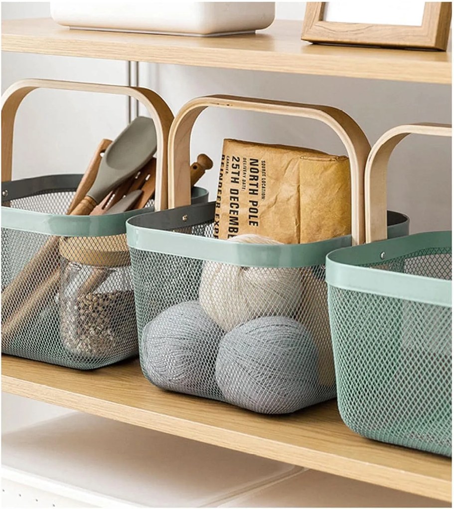 Orion Kovový košík s drevenou rukoväťou, štvorcový, zelený, 27 x 25 x 17 cm