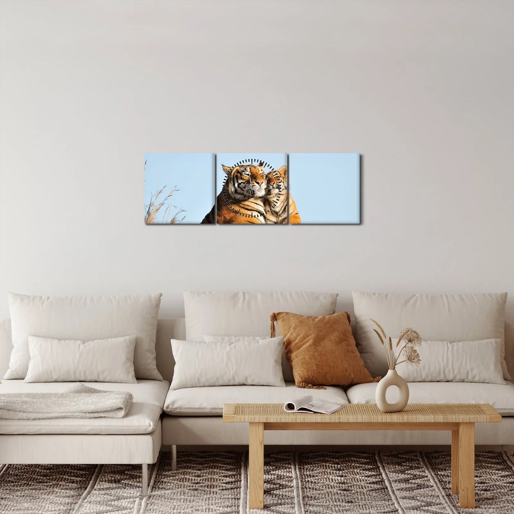 Obraz - Tigrice a jej mláďa (s hodinami) (90x30 cm)