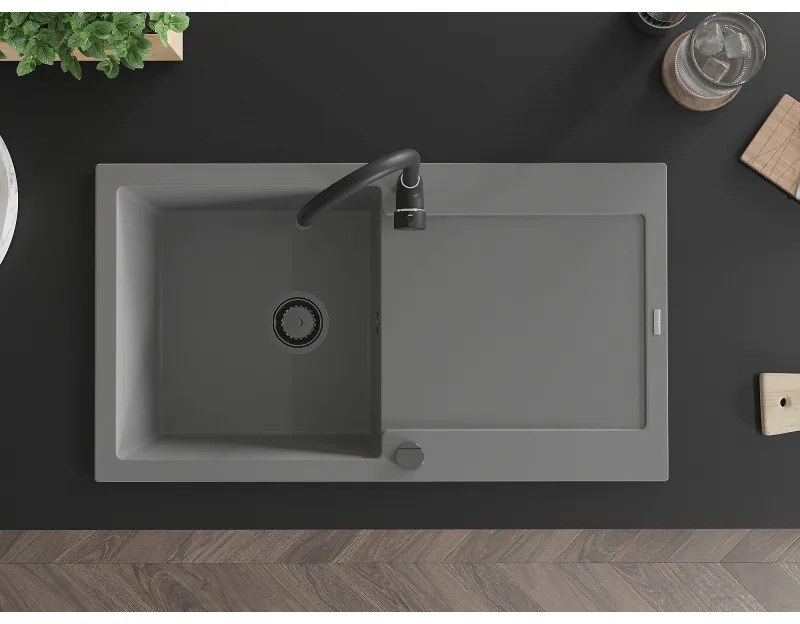Mexen Leo, drez granitový 900x500x190 mm, 1-komorový a čierna batéria Telma, šedá, 6501-71-670200-70-B