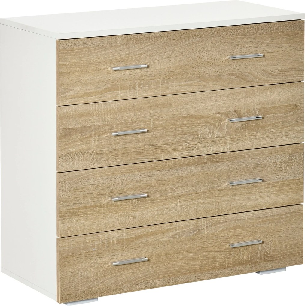 HOMCOM Komoda s 4 zásuvkami – Moderná pomocná úložná skriňa do spálne, chodby, obývacej izby 76x35x72 cm Dub a biela | Aosom