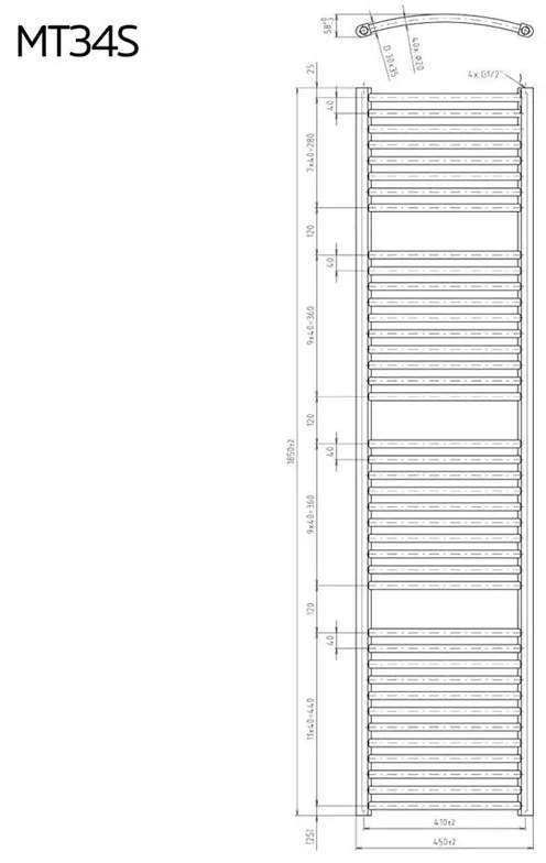 Mereo, Vykurovací rebrík 450x1850 mm, oblý, biely, stredové pripojenie, MER-MT34S