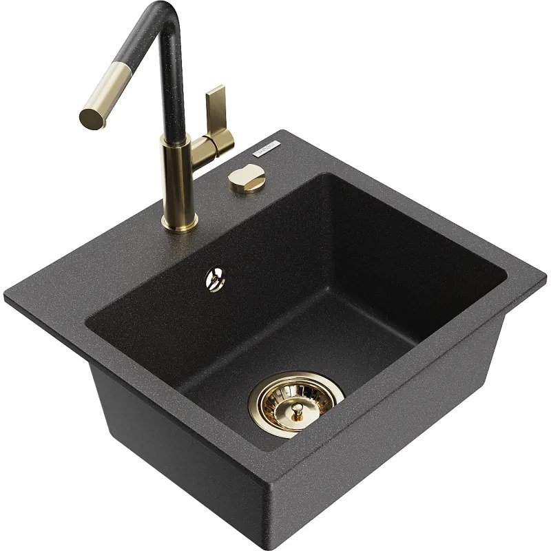 Mexen Milo, 1-komorový granitový drez 435x410x171 mm a drezová batéria Flora, čierna škvrnitá, 6505-76-670401-75-G
