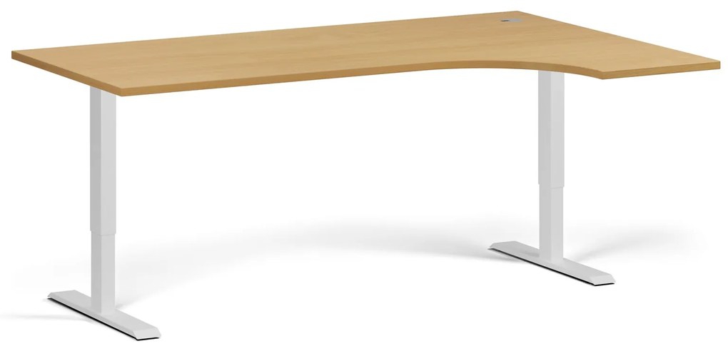 Rohový výškovo nastaviteľný stôl, 180x120 cm, 2 motory, L/P, biela podnož, buk
