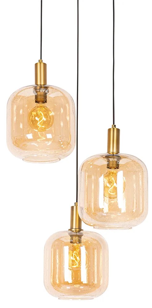 Dizajnové závesné svietidlo čierne s mosadzou a jantárovým sklom 3-svetlo - Zuzanna