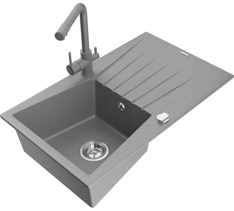 Mexen Cesar, granitový drez 775x470x190 mm, 1-komorový a šedá matná batéria Duero, šedá, 6514-71-671600-71