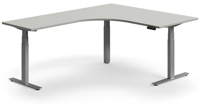Výškovo nastaviteľný stôl QBUS, rohový, 1600x2000 mm, strieborný rám, svetlošedá