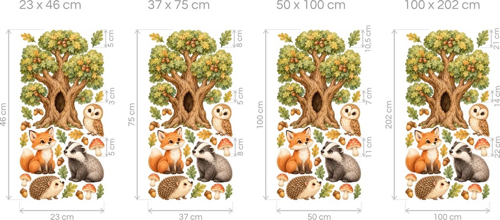 Zvieratká pod starým dubom jesenné samolepky na stenu so stromom pre malé deti arch 23 x 46 cm