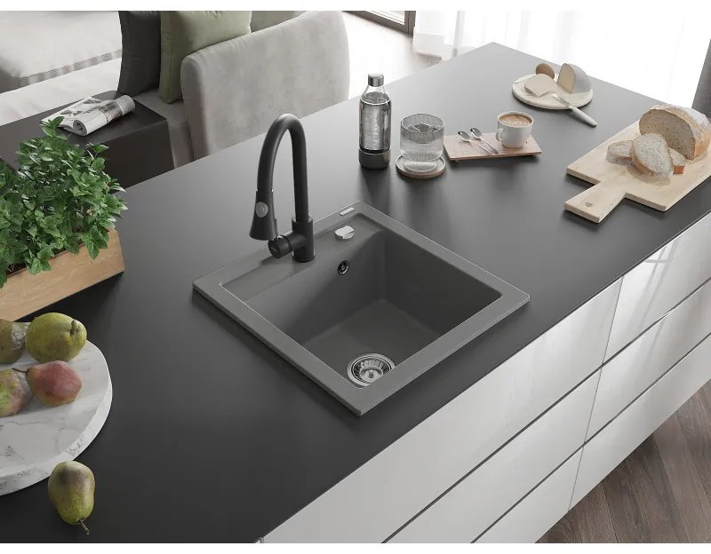Mexen Vito, 1-komorový granitový drez 490x520x210 mm a drezová batéria Elia, šedá, 6503-71-670101-70