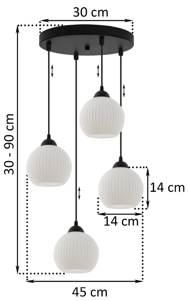 Závesné svietidlo Riffle Round, 4x biele sklenené tienidlo, b, o