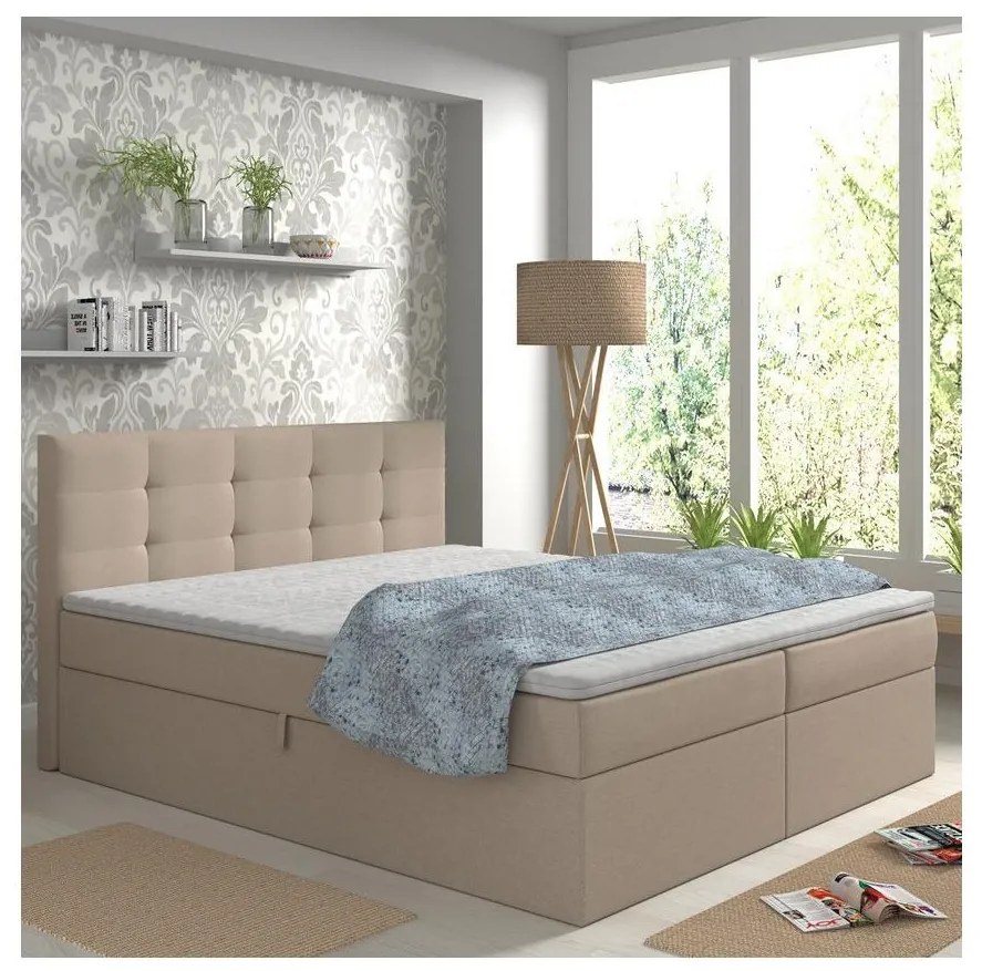 Čalúnená posteľ EMBER 180x200 cm s matracmi, topperom a úložným priestorom, béžová