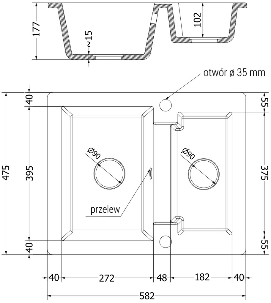 Mexen Carlos, granitový drez 582x475x177 mm, 1,5-komorový, čierna-strieborná metalíza, 6518581500-73