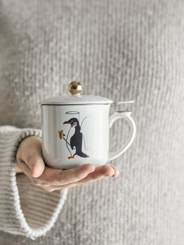 Bloomingville Kameninový hrnček Valentin Gold so sitkom a vekom 300 ml