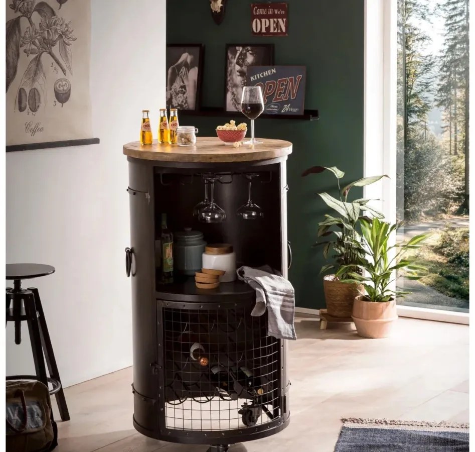 furniture-nabytek.cz - Masivní barový stůl Yorkshire z mangového dřeva a kovu, lakovaný, černý – kulatý