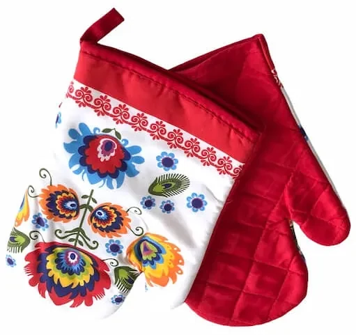 Kuchynská rukavica FOLK II, červeno-biela s ornamentami - sada 2ks