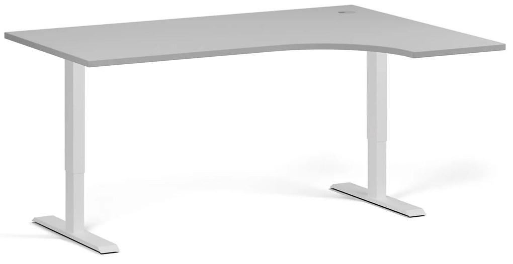 Rohový výškovo nastaviteľný stôl, 160x120 cm, 1 motor, L/P, biela podnož, sivá