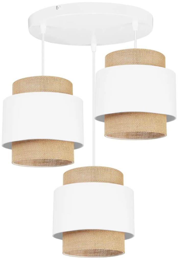 Závesné svietidlo Boho, 3x jutové/biele textilné tienidlo, o