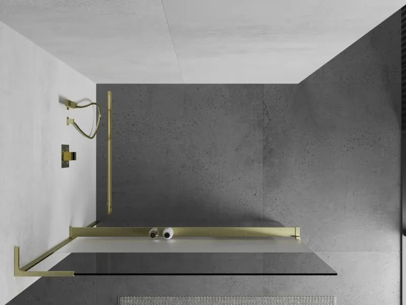 Mexen Kioto+ L, sprchová zástena Walk-In s poličkou a vešiakom 70 x 200 cm, 8mm číre sklo-námraza, zlatý matný profil, 800-070-123-55-35