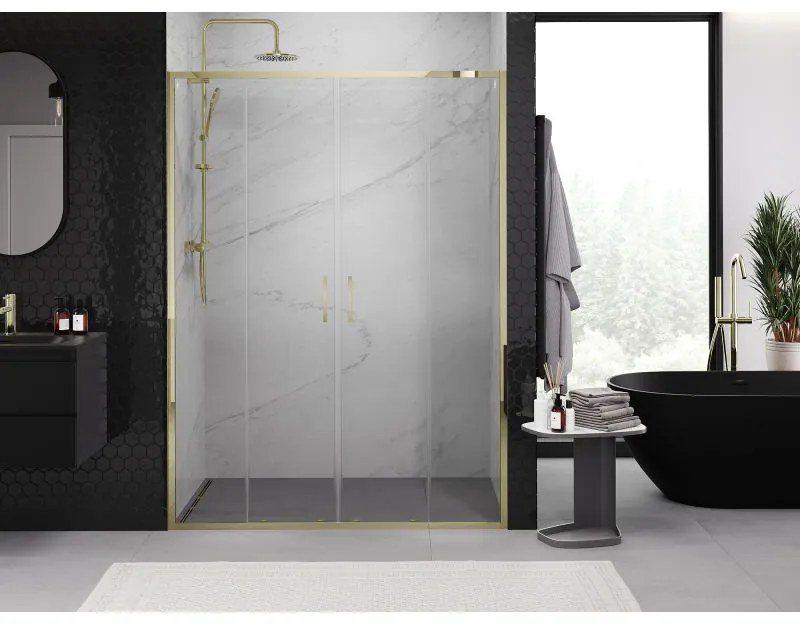 Mexen Exo, posuvné dvojité sprchové dvere 150 cm, číre sklo, zlatá, 8152-150-000-50-00