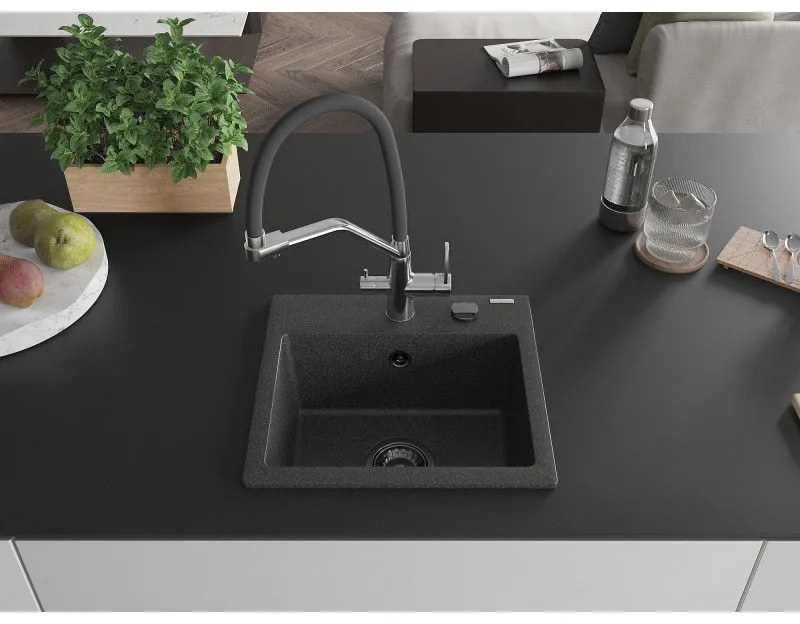 Mexen Milo, granitový drez 435x410x171 mm, 1-komorový a drezová batéria Duo, čierna škvrnitá, 6505-76-671701-07-B