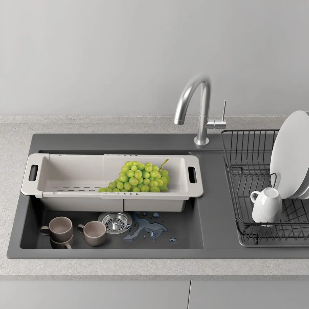 Sivý nastaviteľný plastový teleskopický odkvapkávač do drezu 52x18 cm – Metaltex