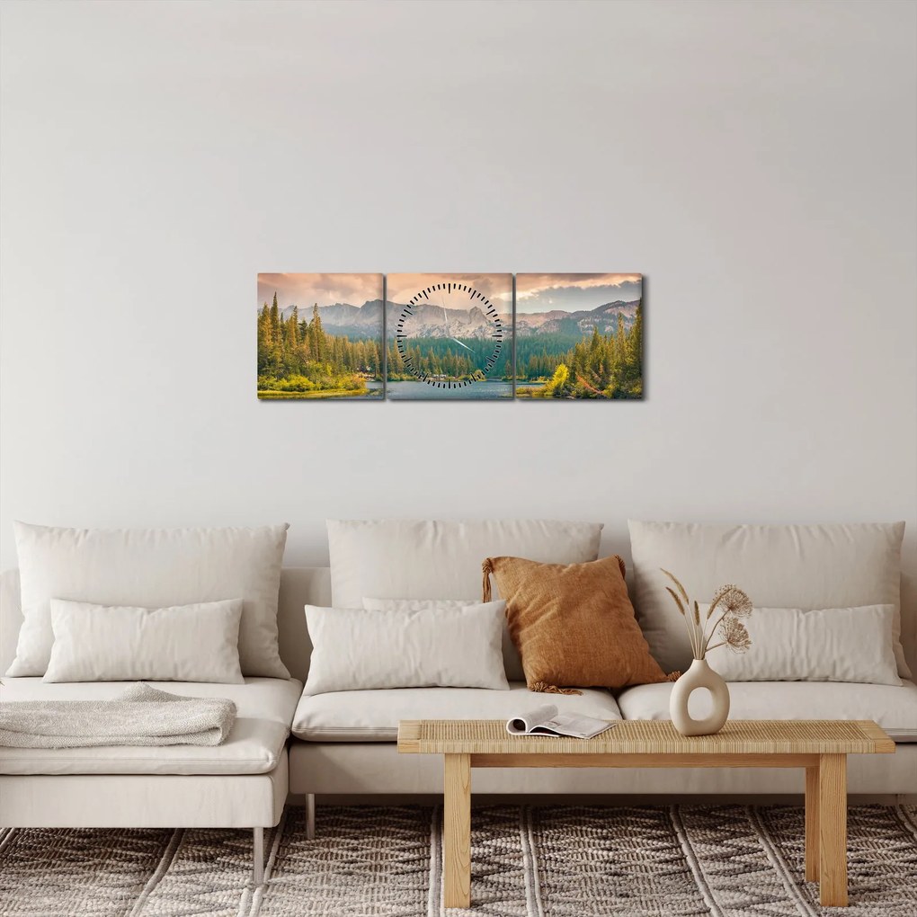 Obraz horskej rieky a hôr (s hodinami) (90x30 cm)