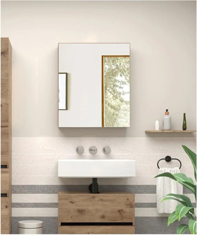 Závesná kúpeľňová skrinka so zrkadlom v dekore duba v prírodnej farbe 60x70 cm Wisla – Støraa