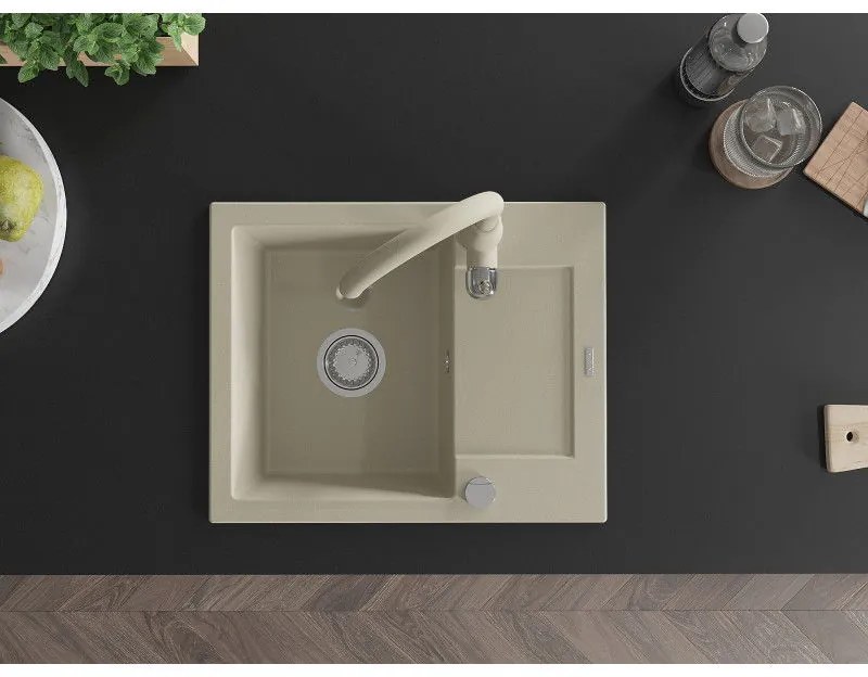 Mexen Enzo, 1-komorový granitový drez 576x465x174 mm a drezová batéria Savita, béžová, 6506-69-672601-69