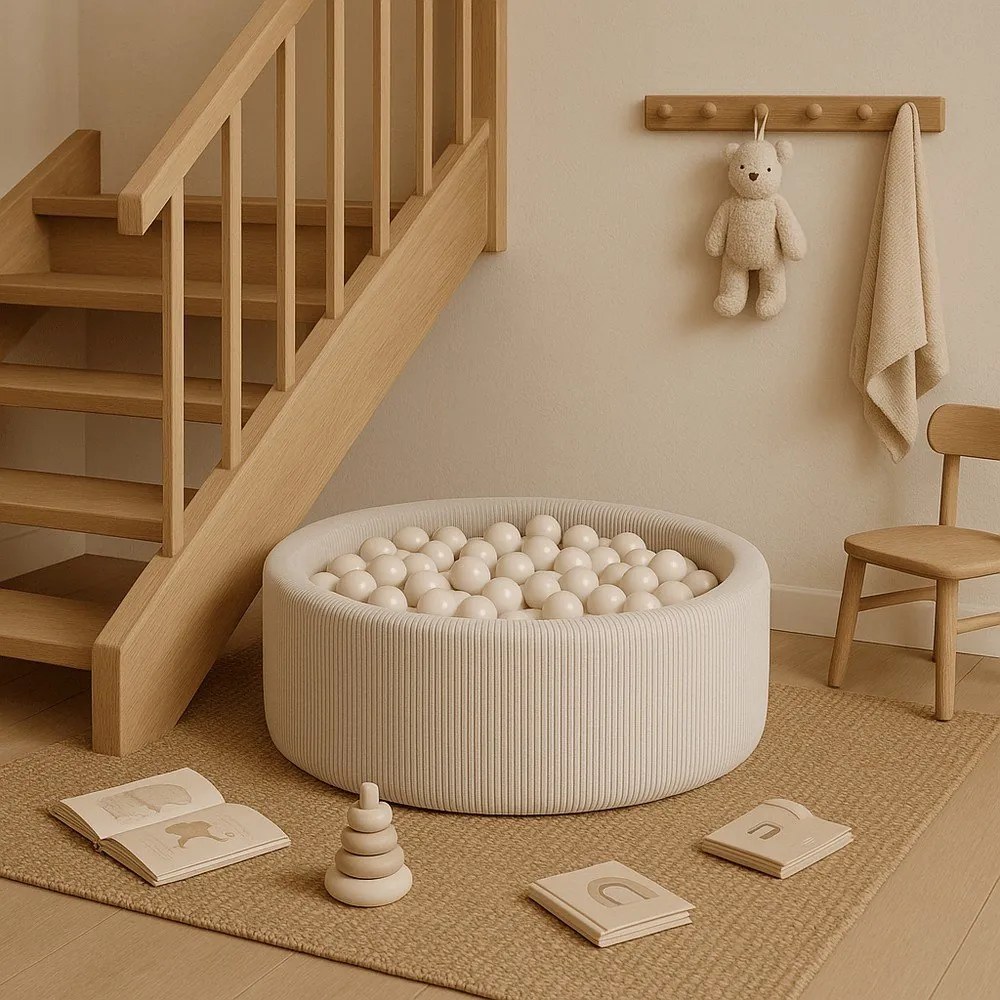 Krémový menčestrový bazénik s loptičkami ø 90x30 cm Montessori – Meowbaby