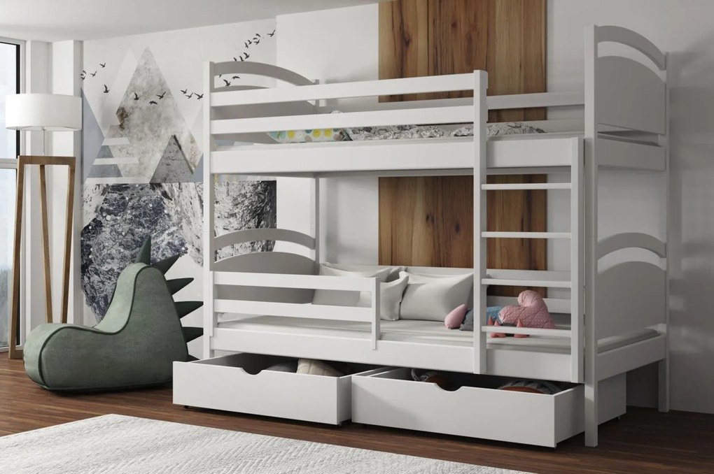 Detská poschodová posteľ z masívu borovice MARCELA so šuplíkmi - 200x90 cm - BIELA