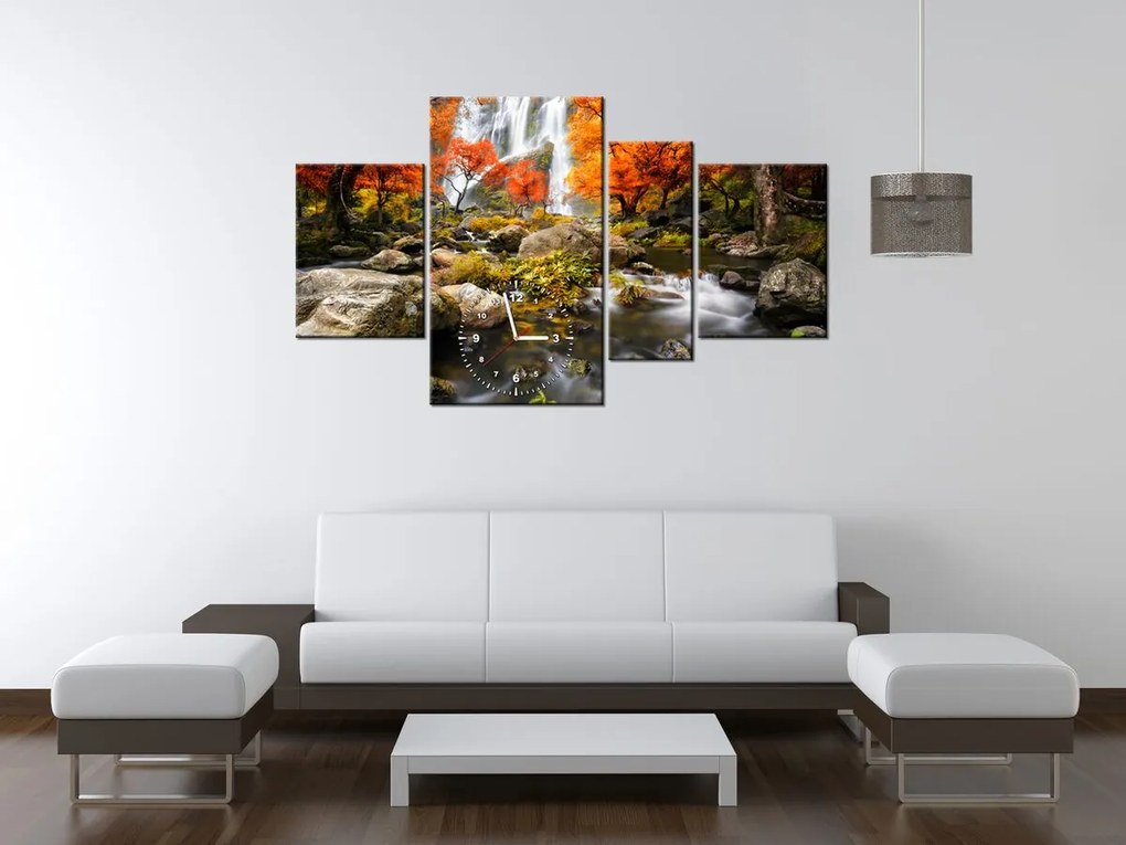Gario Obraz s hodinami Jesenný vodopád - 4 dielny Rozmery: 120 x 70 cm