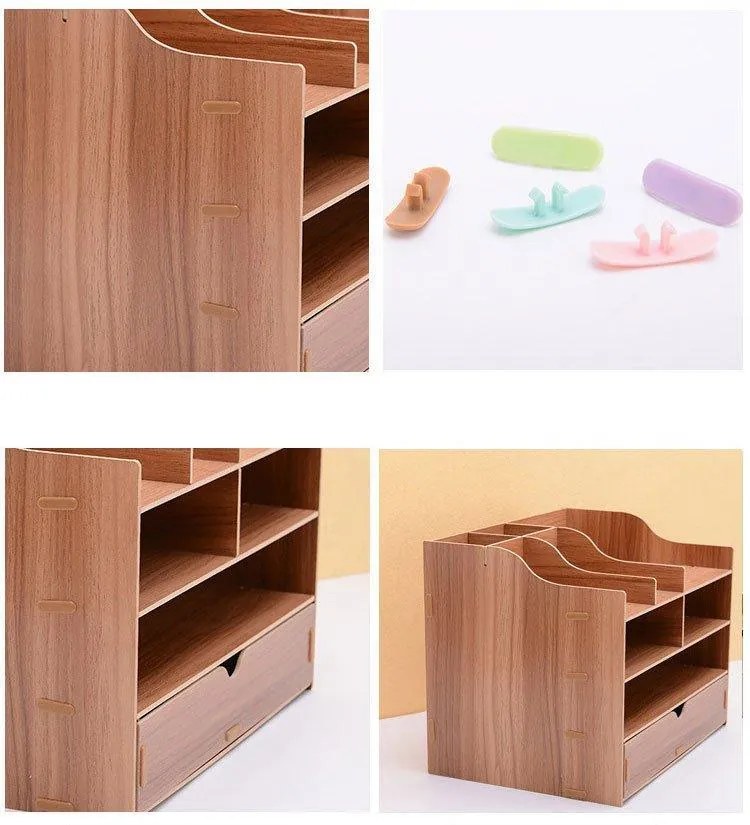 Drevený kancelársky organizér na dokumenty s 8 priehradkami a širokou zásuvkou svetlé drevo DIY 2411 Svetlé drevo
