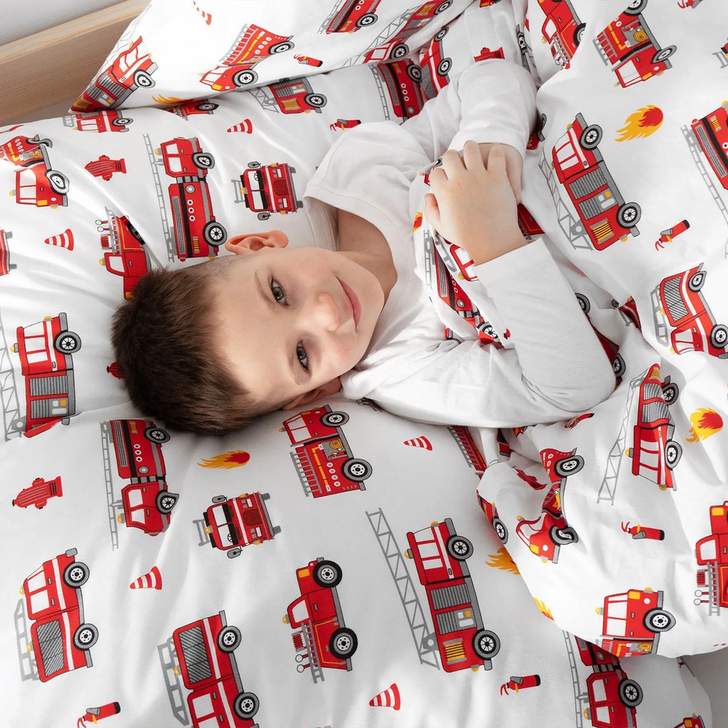 Goldea detské bavlnené obliečky - hasičské autá 140 x 200 a 70 x 90 cm