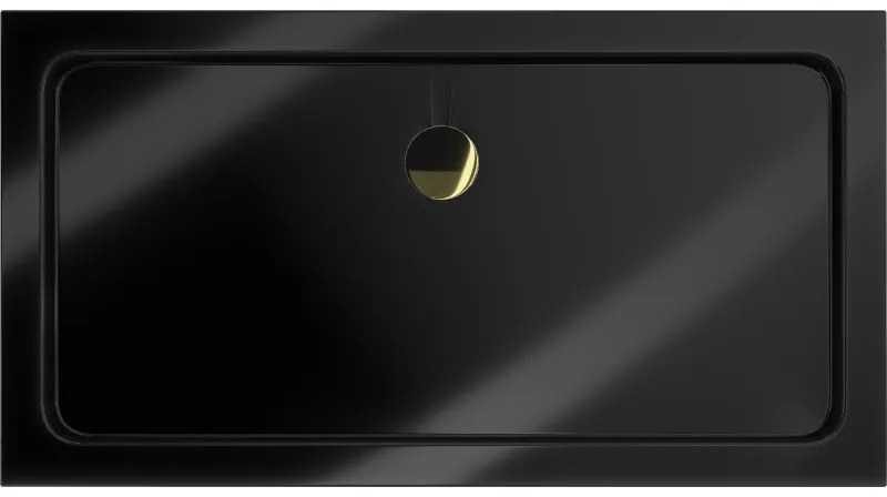 Mexen Flat, akrylátová sprchová vanička 140x70x5 cm SLIM, čierna, zlatý sifón, 40707014G