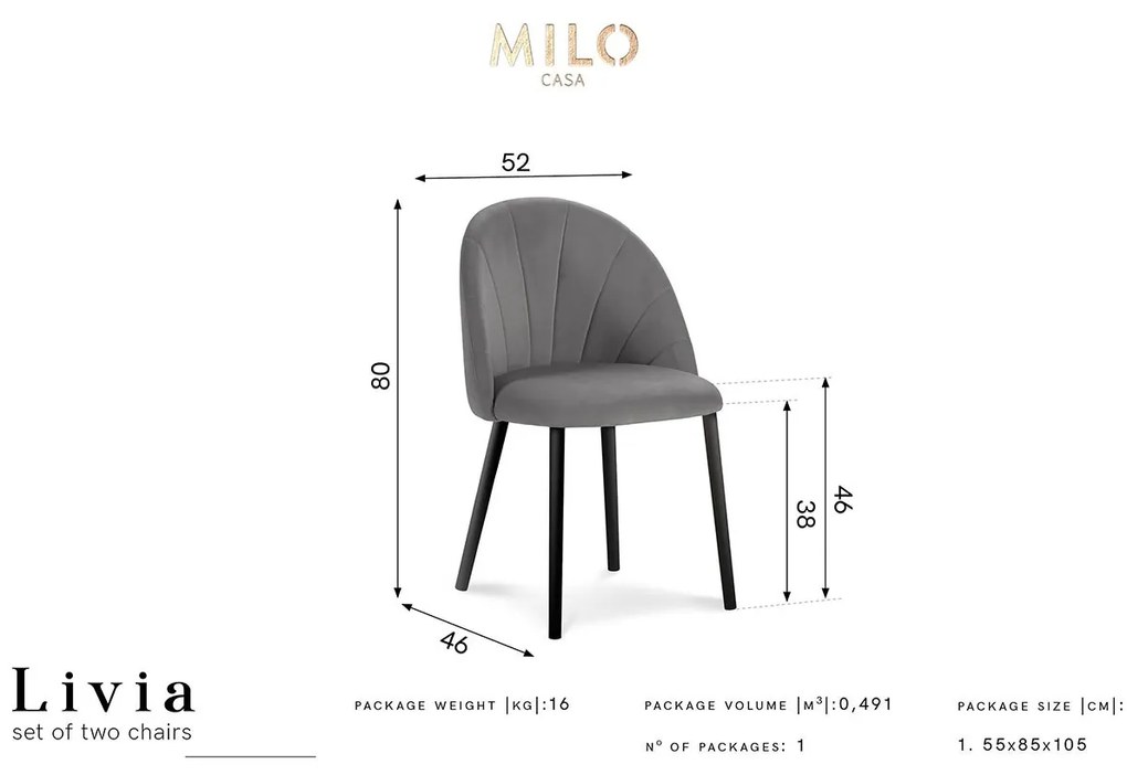 Modrá Zamatová stolička Livia dĺžka 52 × šírka 46 × výška 80 cm MILO CASA