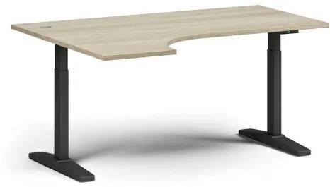 Výškovo nastaviteľný stôl, elektrický, 675-1325 mm, rohový ľavý, doska 1600x1200 mm, čierna podnož, dub prírodný