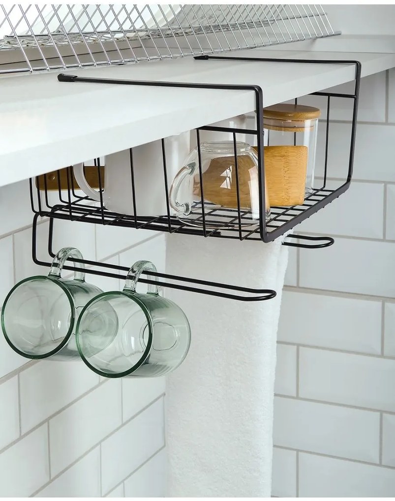 Zeller Present Prídavný závesný kôš pod policu s 2 háčikmi na kuchynské utierky, čierny UNDER