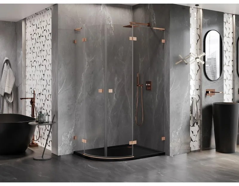 Mexen Lunar, L pravý polkruhový sprchový kút 100 x 80 cm, 8mm číre sklo, profil medená matná, 833L-100P-080L-65-00