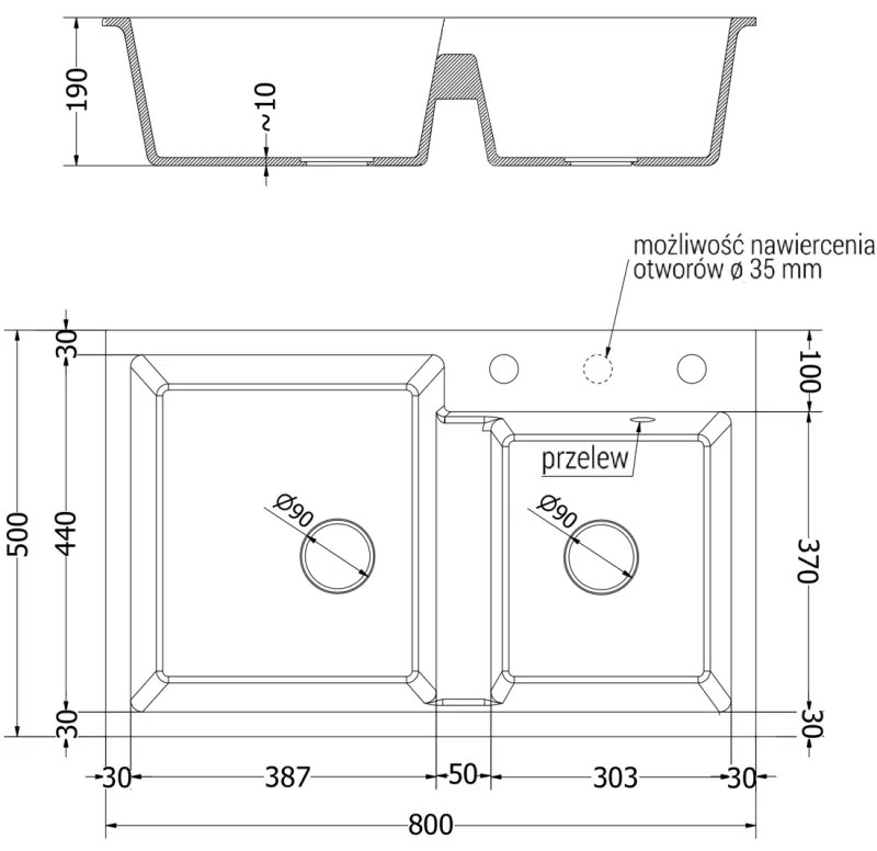 Mexen Tomas, 2-komorový granitový drez 800x500x190 mm a drezová batéria Aster, čierna-zlatá metalíza, 6516-75-73450-70-B