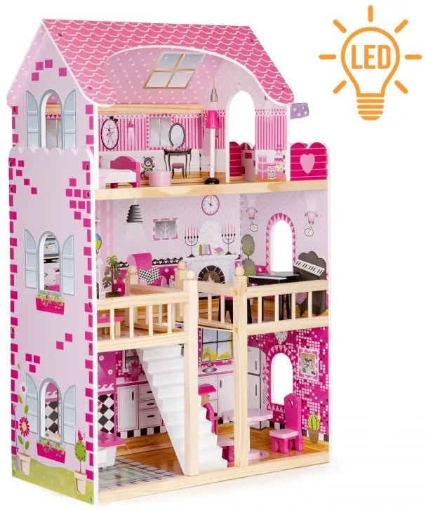 Drevený domček pre bábiky s LED osvetlením a nábytkom