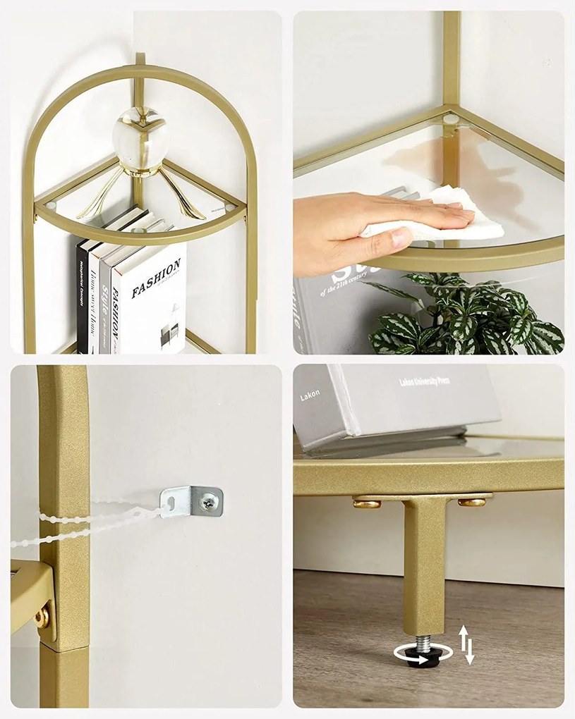 Sklenená rohová polica, 5-úrovňový regál, zlatá farba