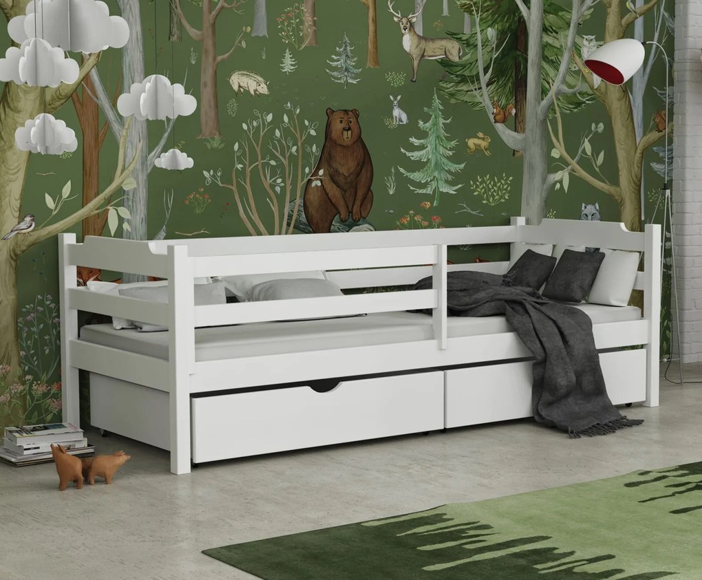 Detská posteľ z masívu borovice MIKULÁŠ so šuplíkmi - 200x90 cm - BIELA