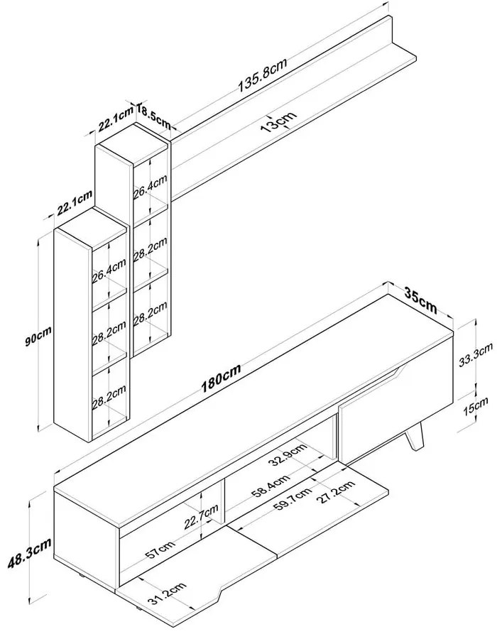 TV zostava v dekore orecha v bielo-prírodnej farbe 180x49 cm Linh – Kalune Design