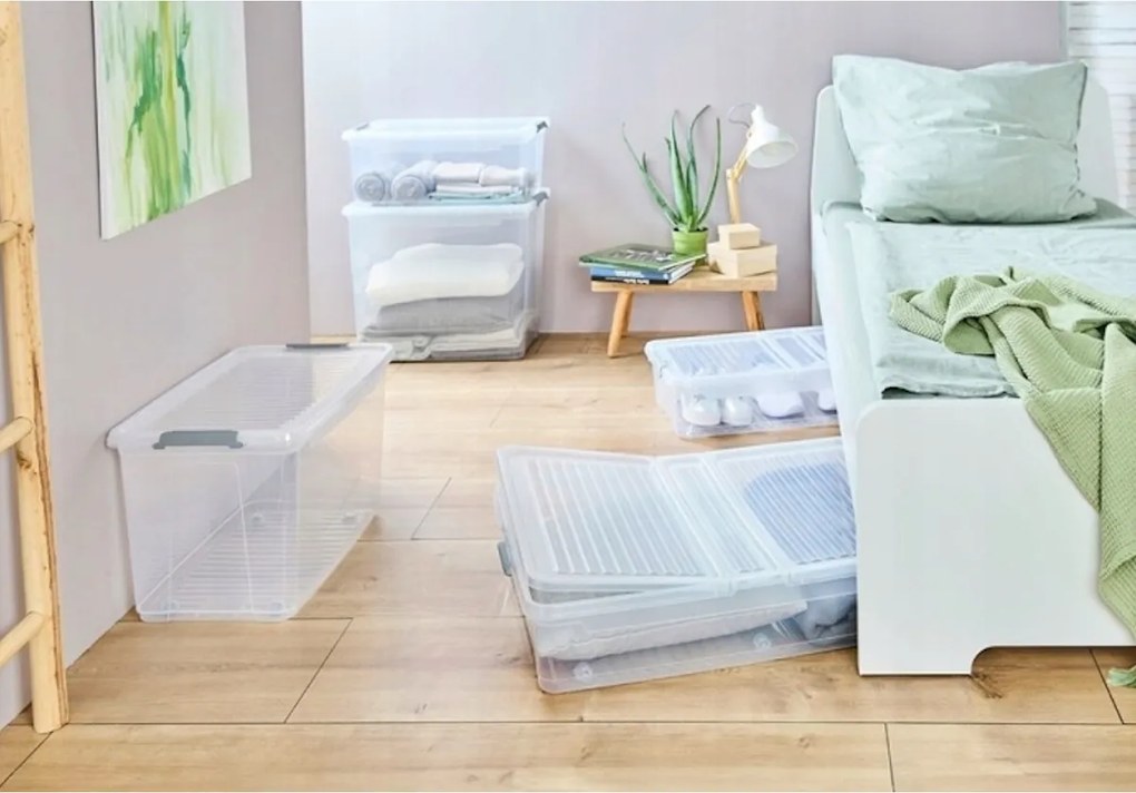 2. akosť - Úložný box s vekom a kolieskami pod posteľ, KEEEPER CLIPBOX LEO 33L, 77 x 38 x 16 cm