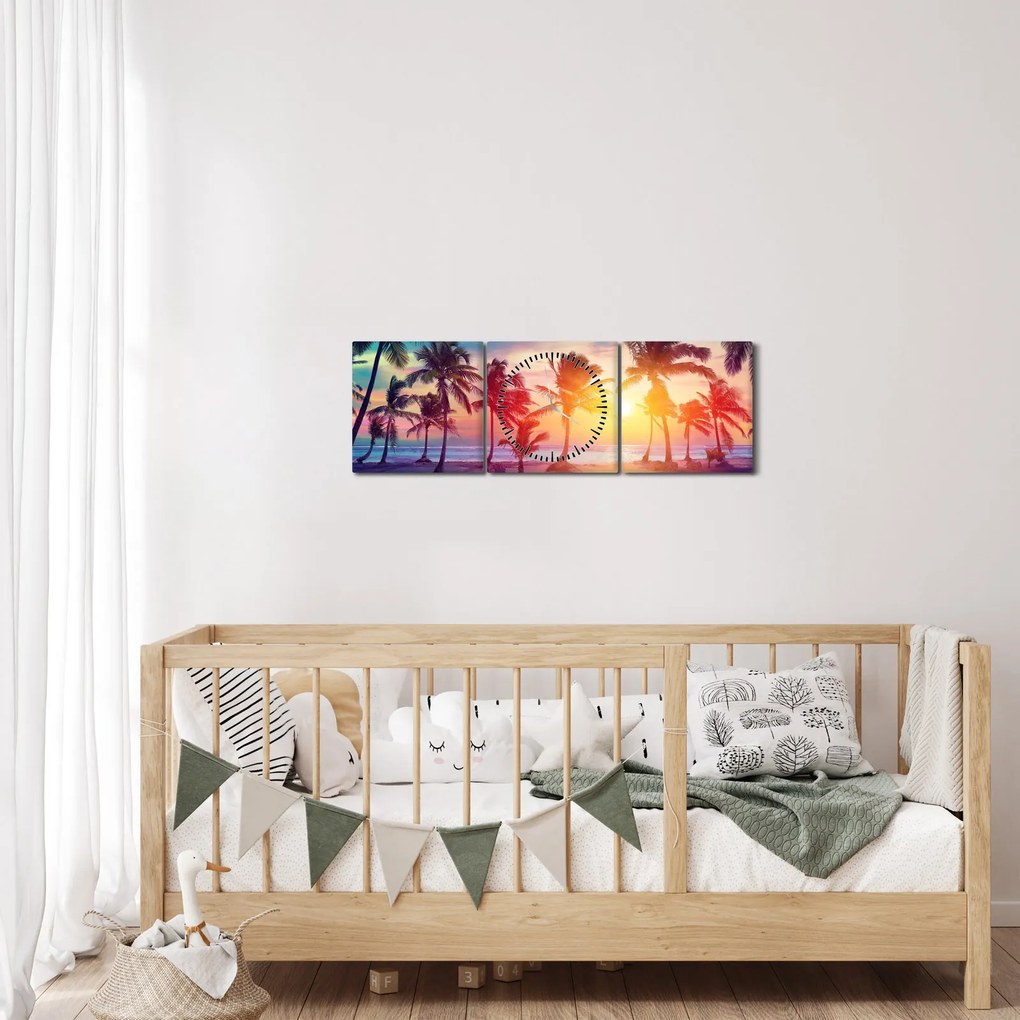 Obraz - Tropický západ slnka (s hodinami) (90x30 cm)