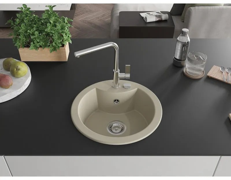 Mexen Diego, 1-komorový granitový drez 488x488x167 mm a drezová batéria Flora, béžová, 6512-69-670401-00