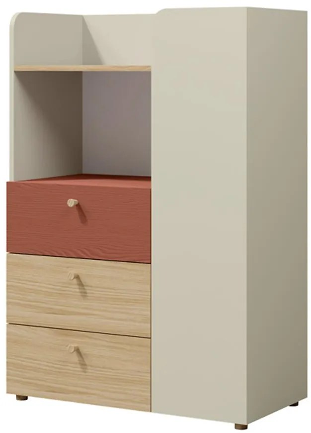 Komoda Yuki 7 Koralová/Sivá béžová/Olejovaný dub