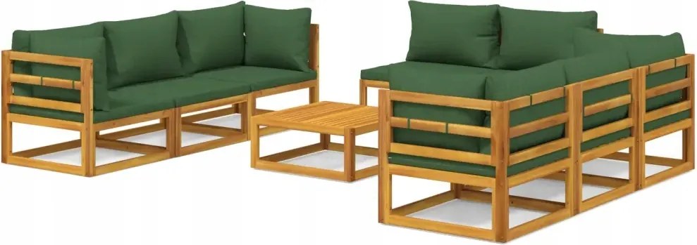 vidaXL 9-dielna sedacia súprava do záhrady, zelené vankúše, drevo