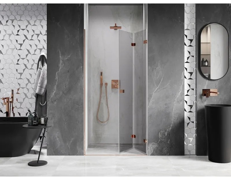 Mexen Lunar-F, pravé sklápacie sprchové dvere 85 cm, 8mm číre sklo, ružové zlato profil, 836-085-000-60-00-P